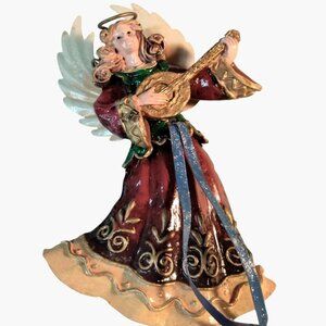 Hand Painted Angel Figurine Harp Glitter Wings